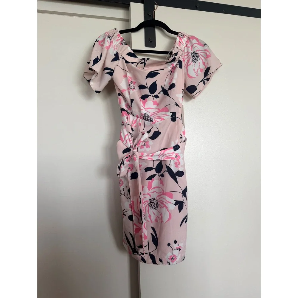 Eliza J Pink Floral Off the Shoulder Tie Waist Sheath Dress EJ8P7885 Mens 2P - Picture 2 of 6